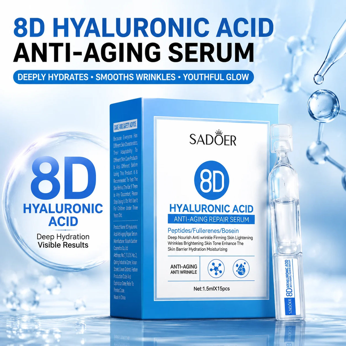 SADOER8D Hyaluronic Acid Anti-Aging Repair Facial Essence Fade Fine Lines Lifting Firming Whitening Serum Face Beauty Skincare