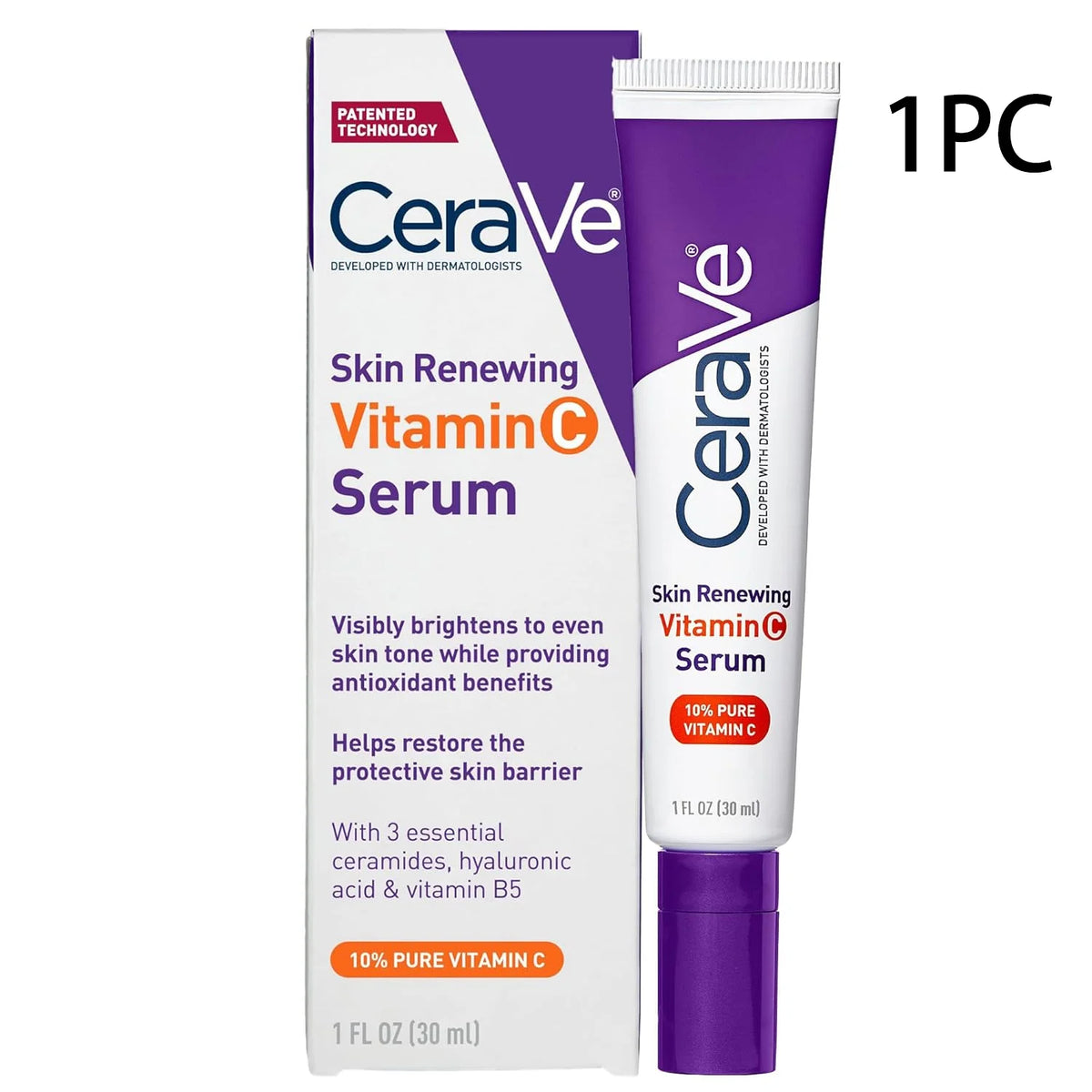 CeraVe Vitamin C Serum 10% Pure, Hyaluronic Acid & 3 Ceramides, Fragrance-Free Brightening Antioxidant Serum for Face, 1oz
