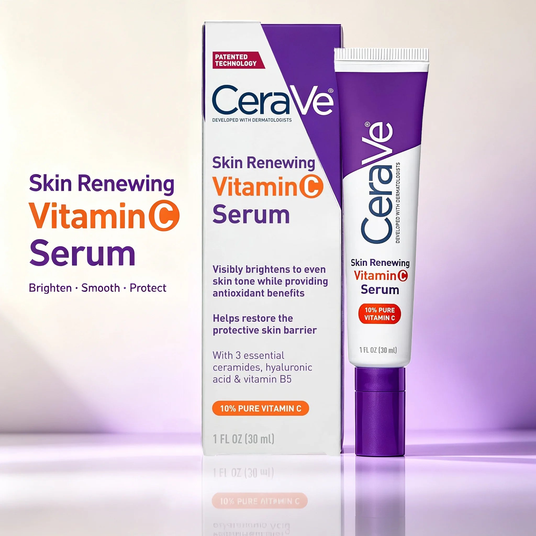 CeraVe Vitamin C Serum 10% Pure, Hyaluronic Acid & 3 Ceramides, Fragrance-Free Brightening Antioxidant Serum for Face, 1oz