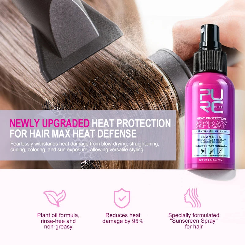 PURC Heat Protectant Spray Coconut Oil Frizz Control & Shine for All Hair Types Thermal Protection up to 470°F Hair Care